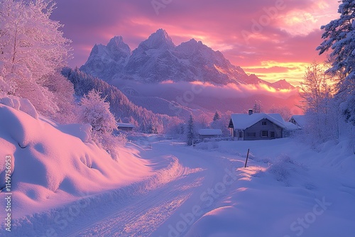 Winter wonderland village nestled in a mountain valley at sunset.