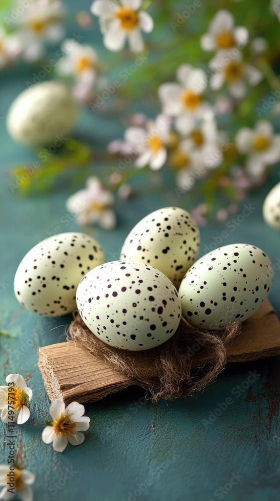 Obraz premium Easter eggs with black dots lying on wooden piece and turquoise table with flowers
