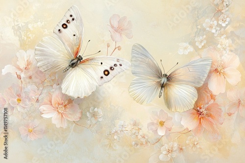Elegant White Butterflies Amidst Delicate Floral Background with Soft Pastel Hues, Perfect for Nature and Spring-Themed Designs Reflecting Beauty and Grace