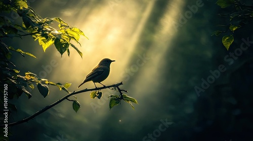 A dark and foggy forest with a single bird perched on a branch, highlighted by an enchanting shaft of light.