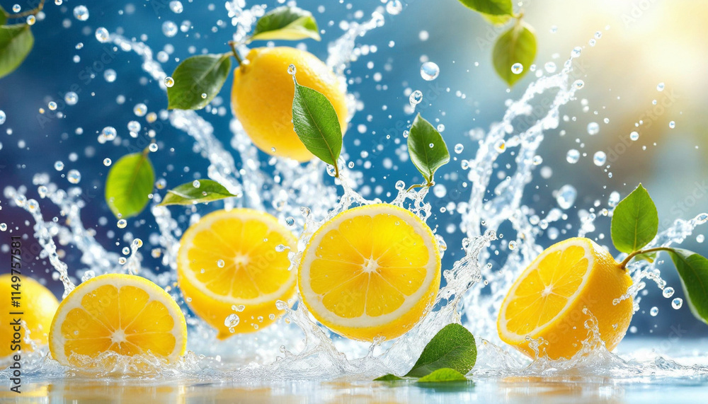 Fresh lemons burst with vibrant splashes of water under sunlight in a lively kitchen setting Fresh lemons burst with vibrant splashes of water under sunlight in a lively kitchen setting