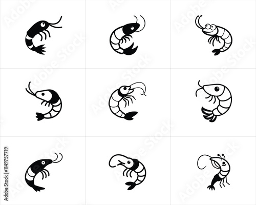 Collection of Cartoon Shrimp Icons in Black and White Illustration Style. vector illustration of lobster, Seafood icon lobster, illustration of a shrimp and lobster.
