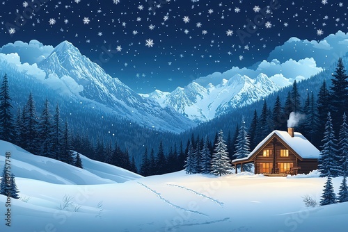 Cozy Winter Cabin in Snowy Mountains at Night