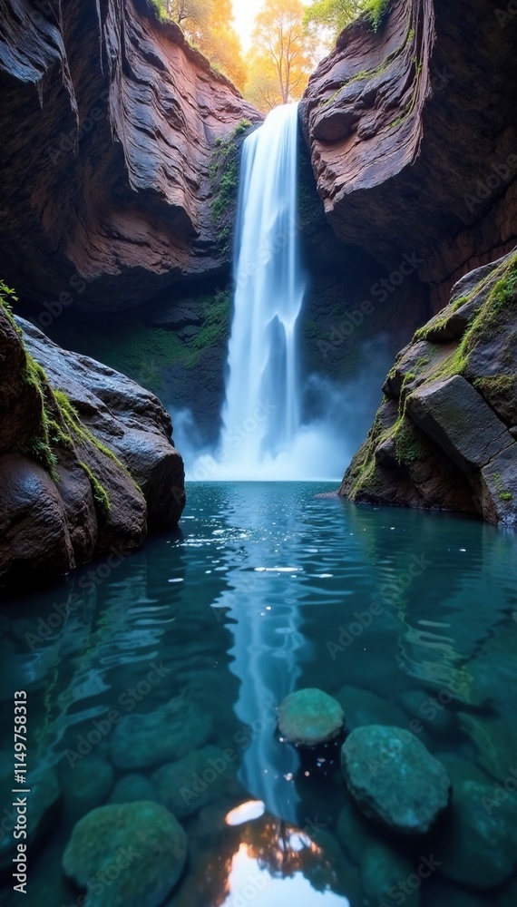 Naklejka premium Basalt columns reflected in the flowing water of a waterfall, reflection, waterfall