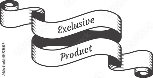 Vintage double ribbon banner waving and swirling, featuring the phrase exclusive product, perfect for enhancing retail and marketing materials with a touch of elegance and style