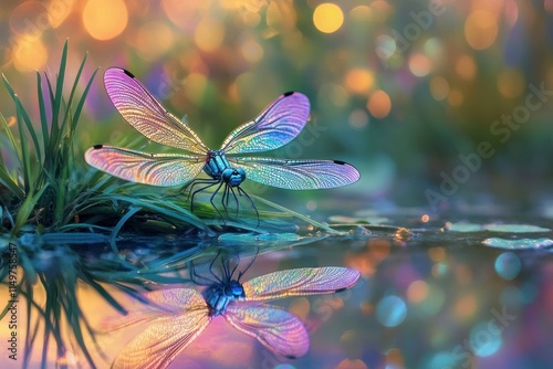 Vibrant Dragonfly with Iridescent Wings Perched on Grass by Calm Water Surface, Surrounded by Glowing Bokeh Lights in Colorful Nature Scene