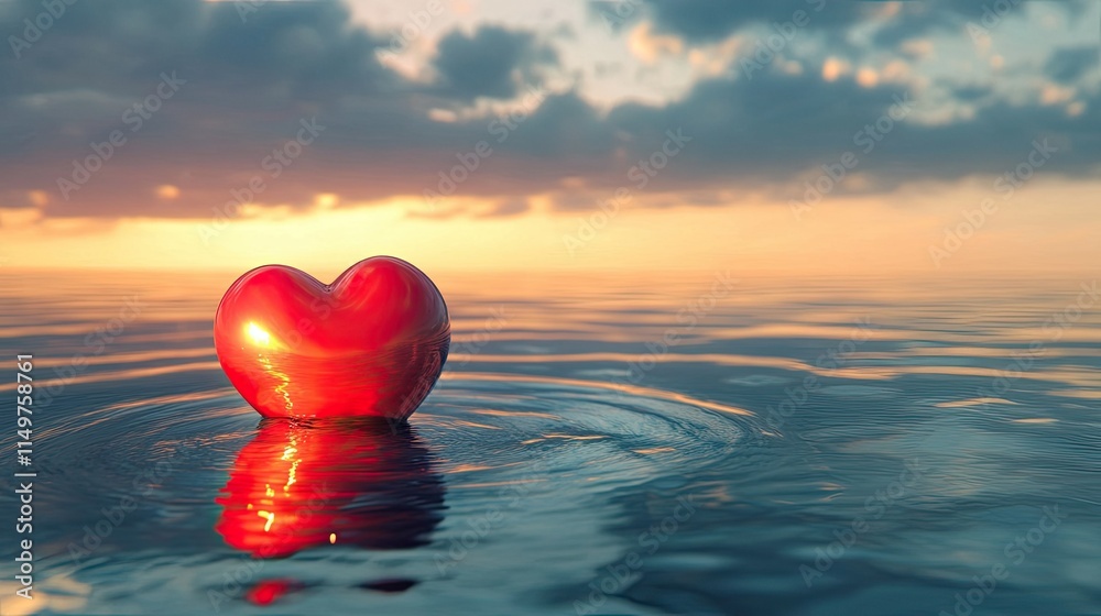Fototapeta premium A glowing red heart gently floating on calm water, surrounded by ripples under a serene and romantic sky.