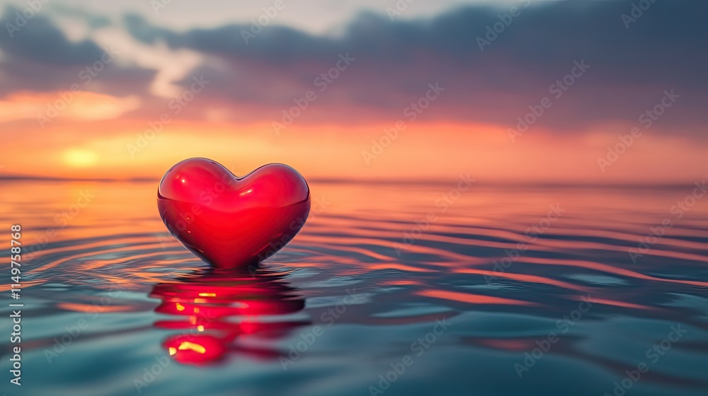 Fototapeta premium A glowing red heart gently floating on calm water, surrounded by ripples under a serene and romantic sky.