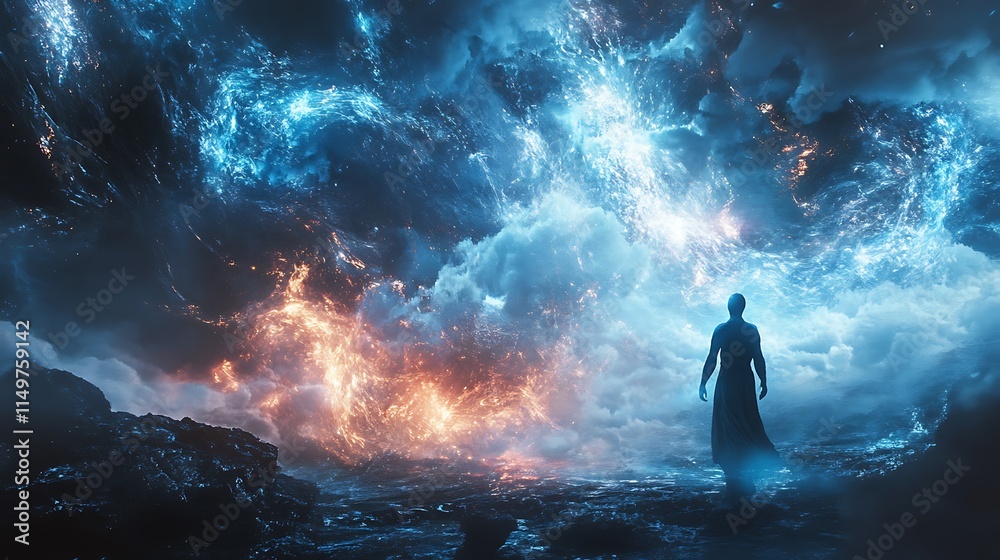 A lone figure stands before a breathtaking cosmic spectacle where fiery icy energies collide with creating a mesmerizing display of power wonder. A lone figure stands before a breathtaking cosmic spectacle where fiery icy energies collide with creating a mesmerizing display of power wonder.