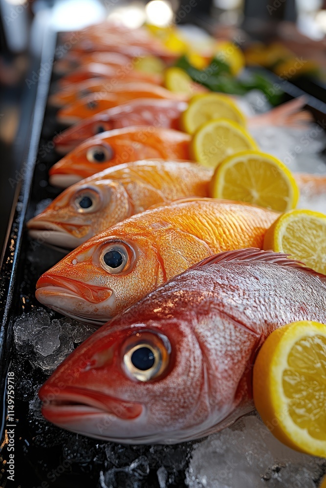 Fresh red snappers resting on ice with lemon and parsley Fresh red snappers resting on ice with lemon and parsley