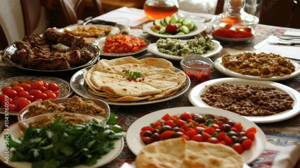 A vibrant spread of Turkish cuisine featuring traditional flavors like lula kebab, bulgur, and pita bread on a festive dining table. A vibrant spread of Turkish cuisine featuring traditional flavors like lula kebab, bulgur, and pita bread on a festive dining table.
