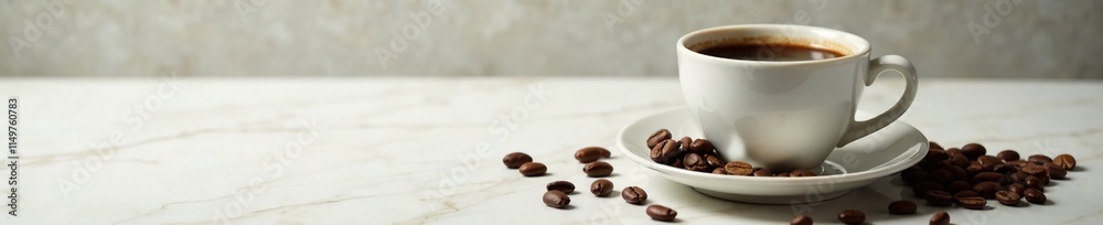 Naklejka premium Coffee saucer with coffee beans and freshly brewed coffee on a marble table top, coffee beans, morning, marble