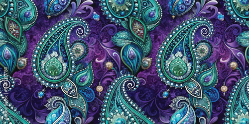 Vibrant paisley pattern in shades of blue and green against a rich purple background.