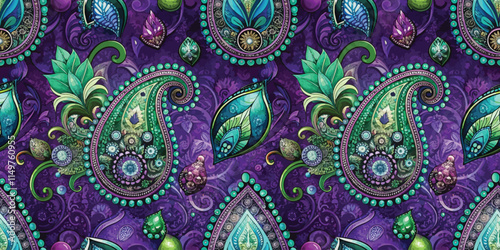 Vibrant paisley pattern with intricate designs in shades of green and blue on a purple background.