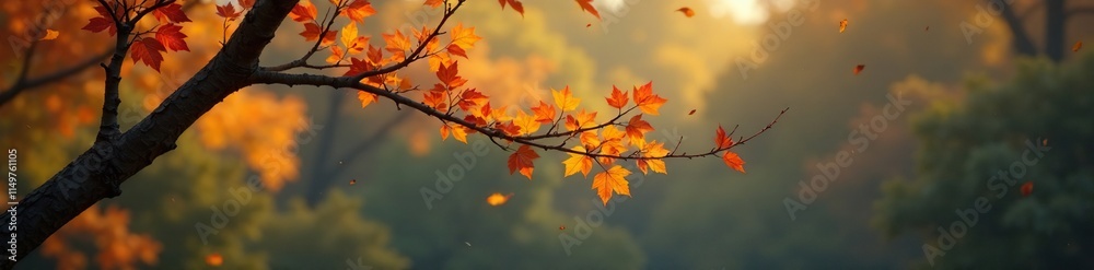 A bare tree branch with a few scattered golden autumn leaves, autumnal, trees A bare tree branch with a few scattered golden autumn leaves, autumnal, trees