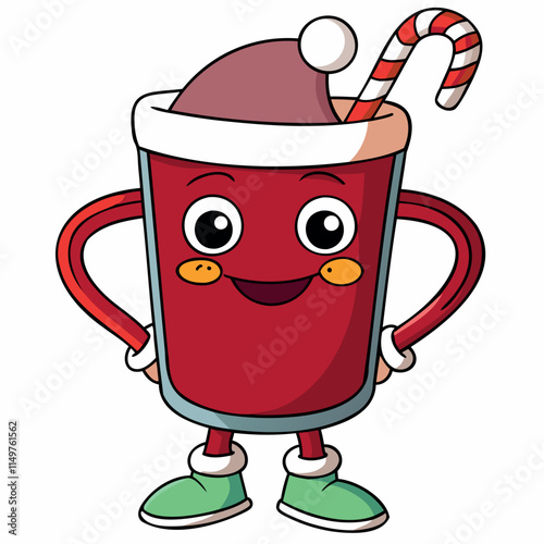 Christmas, festive cup with hot drink, mulled wine in a funny, cartoon style