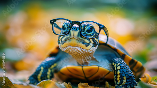 Turtle with glasses, cute, funny, photograph, studio light, soft background photo