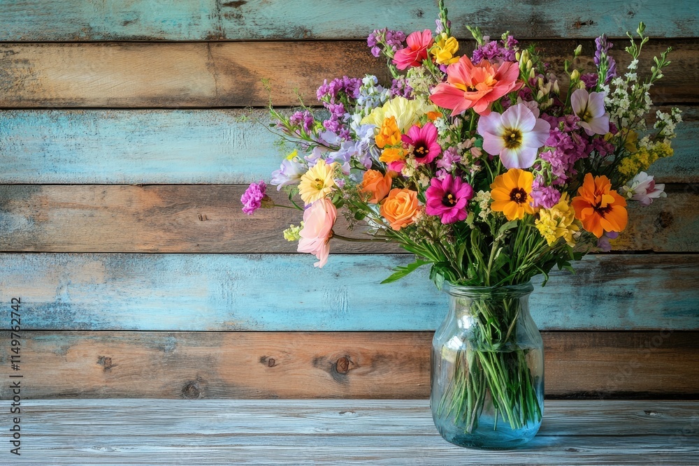 Colorful bouquet of summer flowers standing in a glass vase on a rustic wooden table Colorful bouquet of summer flowers standing in a glass vase on a rustic wooden table