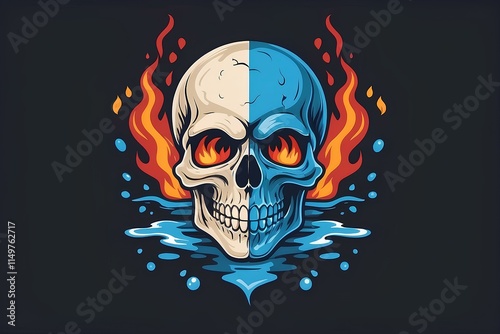 flaming skull illustration with bold blue and red flames perfect for edgy tattoo or biker designs


