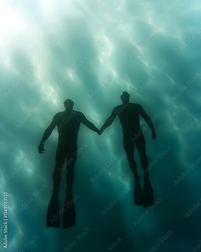 Silhouetted divers holding hands underwater Silhouetted divers holding hands underwater
