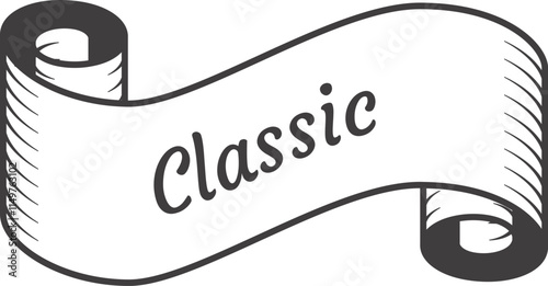 Classic vintage ribbon banner scroll design element with the word classic written in cursive font and vintage style shading representing tradition, quality and elegance