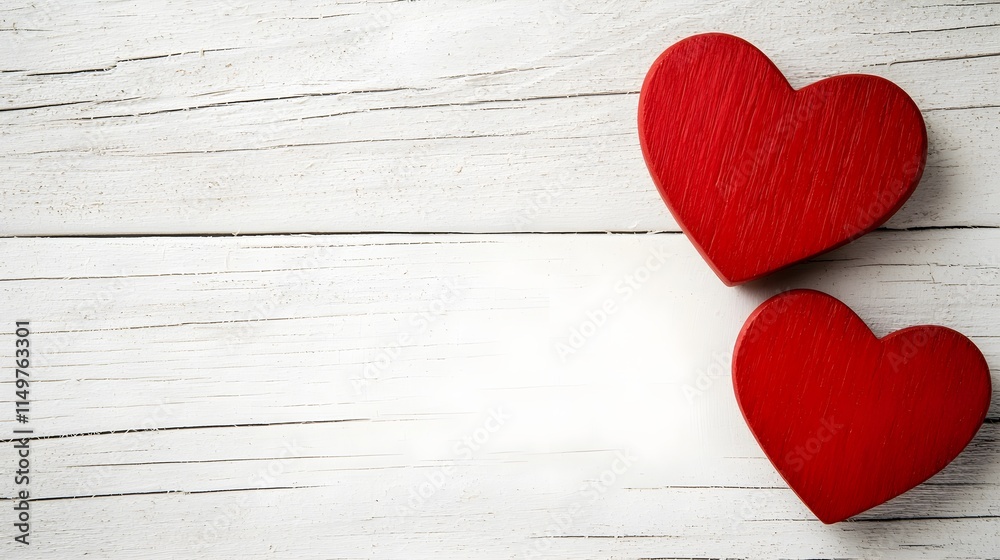 Two red wooden hearts on a rustic white background Two red wooden hearts on a rustic white background