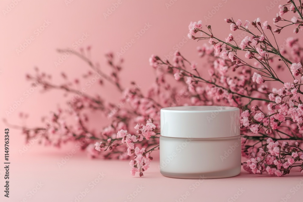 Cosmetic cream jar mockup with pink flowers on pink background Cosmetic cream jar mockup with pink flowers on pink background