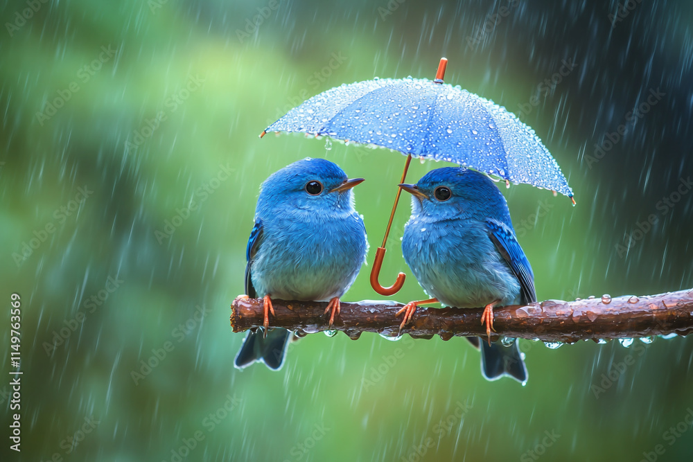 Obraz premium Two blue birds perched on the same branch in a gentle rain, with one holding an umbrella above its head to shield the other bird from getting wet, creating a heartwarming scene of friendship
