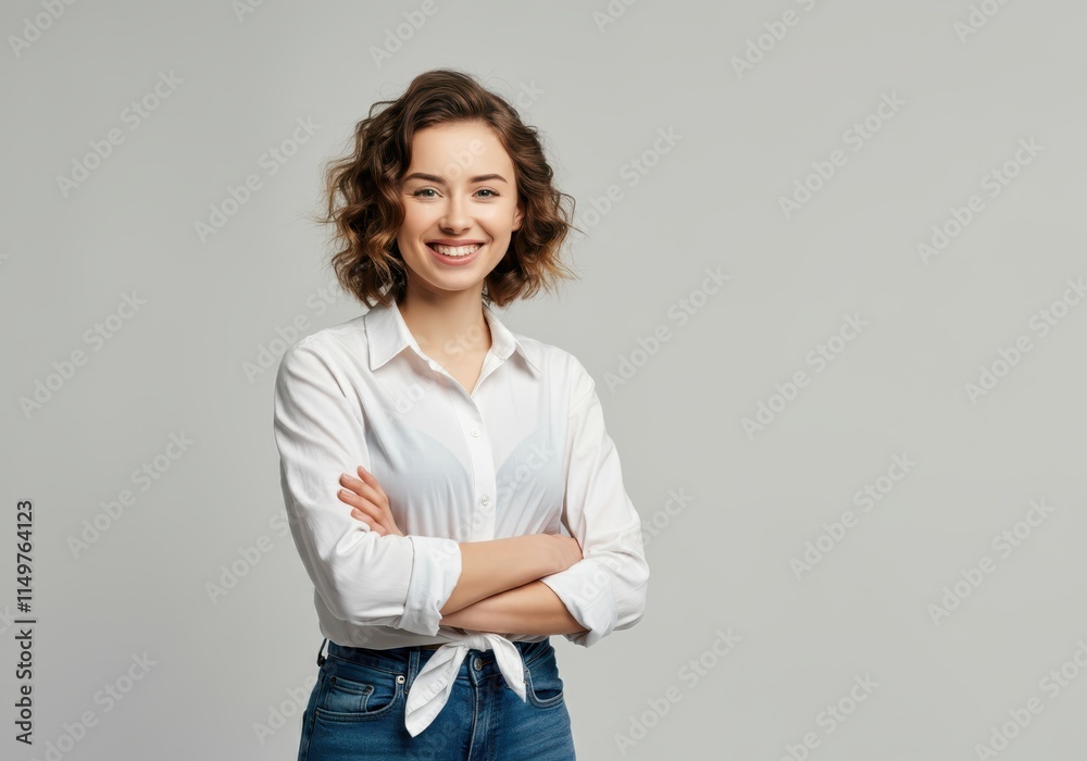 A cheerful young woman with short wavy brown hair wearing a white button-up shirt tucked into blue jeans A cheerful young woman with short wavy brown hair wearing a white button-up shirt tucked into blue jeans