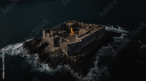 Solitary Coastal Fortress Island Castle, Night, Ocean Waves, Aerial View Generative Ai. photo