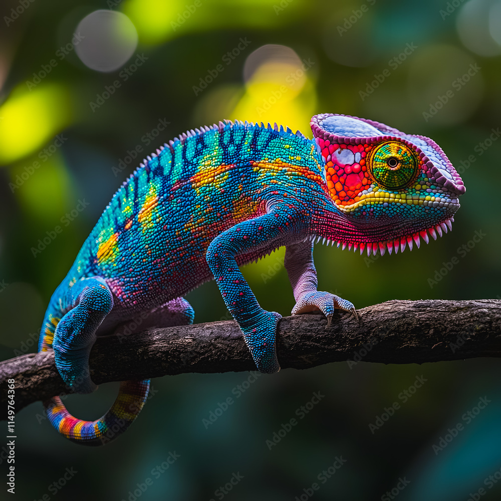 Fototapeta premium Close-Up of a Vibrant Panther Chameleon on a Branch in the Jungle
