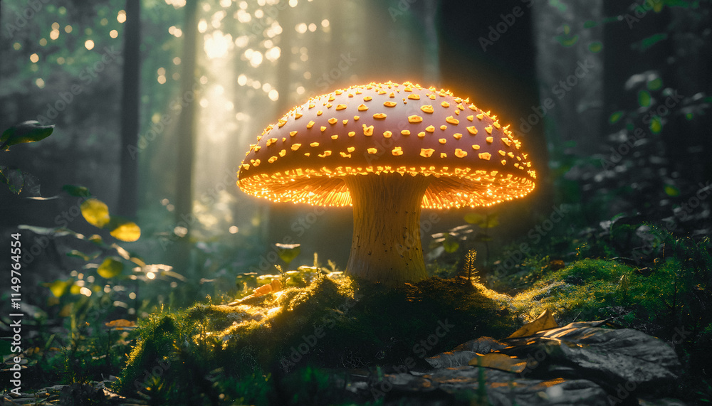 Fototapeta premium Glowing Mushroom Lit with Enchanting Lights in a Mystical Forest Scene