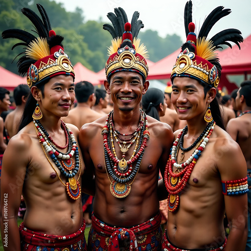 Indigenous people adorned in traditional attire, standing proudly together, showcasing cultural unity and heritage during the Hornbill Festival