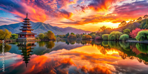 serene landscape featuring traditional pagoda by tranquil lake, surrounded by vibrant trees and mountains. sunset casts brilliant colors across sky and water, creating memorable scene