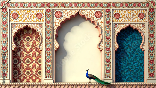 Invitation design featuring middle eastern seamless pattern and Mughal arch with peacock illustration