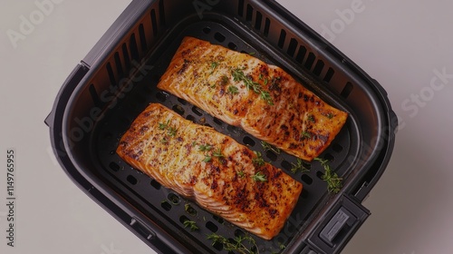 Freshly Cooked Salmon Fillets in Air Fryer Basket Garnished with Herbs Ready for Delicious Serving
