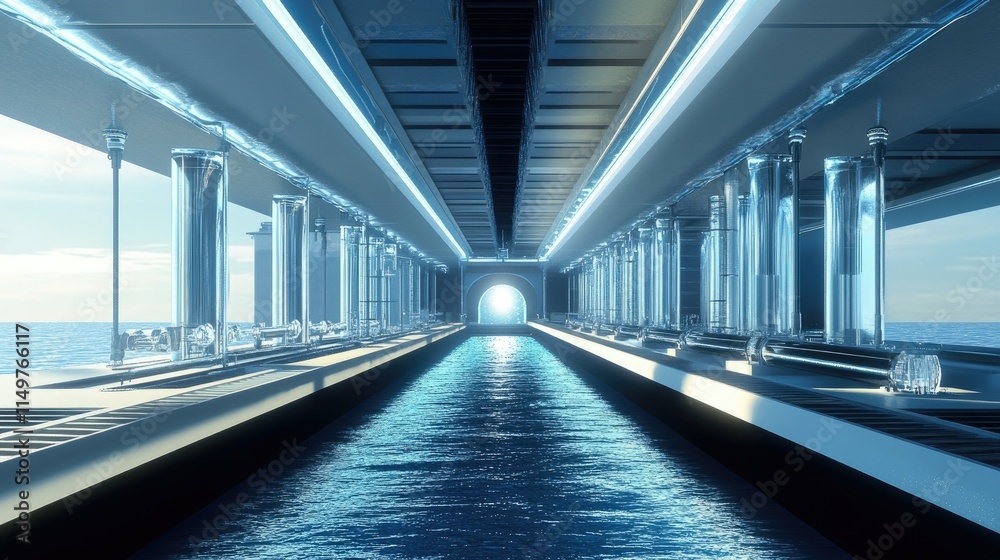 Fototapeta premium Conceptual rendering of a high-tech desalination facility powered by nanotechnology innovations for clean water.