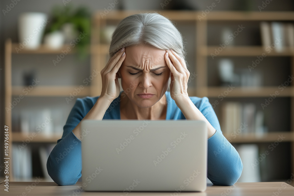 A woman is sitting at a desk with a laptop in front of her. She is looking at the screen with a frown on her face.
