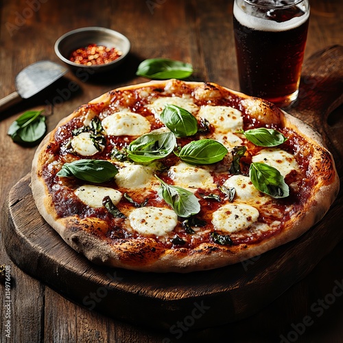 A classic margherita pizza with fresh basil and mozzarella, served on a rustic wooden board, Pizza centered