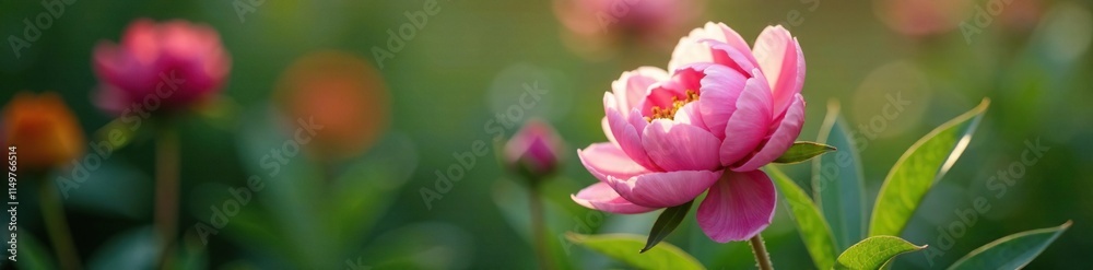 A delicate pink peony flower blooming in the early morning dew, botanical garden, delicate petals, pink peony A delicate pink peony flower blooming in the early morning dew, botanical garden, delicate petals, pink peony