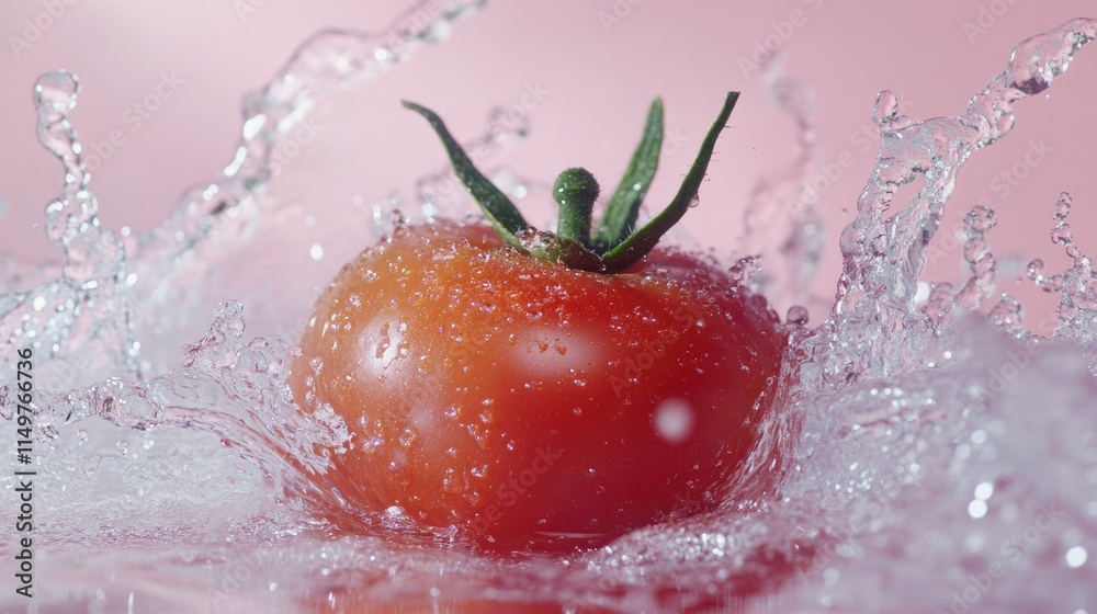 Dynamic image of a ripe tomato in a refreshing water splash, highlighting its freshness on a pink background. Dynamic image of a ripe tomato in a refreshing water splash, highlighting its freshness on a pink background.