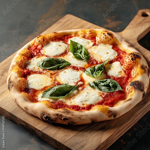 A classic margherita pizza with fresh basil, mozzarella cheese, and a rich tomato sauce photo