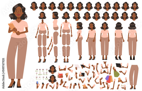 Young black woman character constructor. Business girl or secretary. Set of different positions of arms legs body and head to create your own illustrations or animations