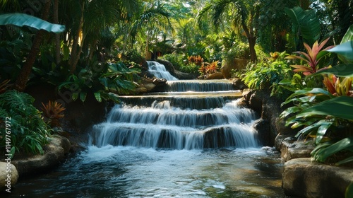 Tranquil Waterfall in Lush Tropical Garden