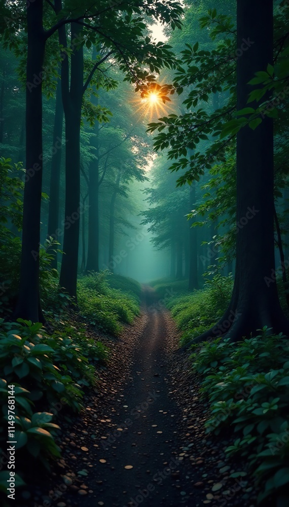 Obraz premium A forest path at dusk with dark green foliage and a faint light glow, forest, light, ambiance