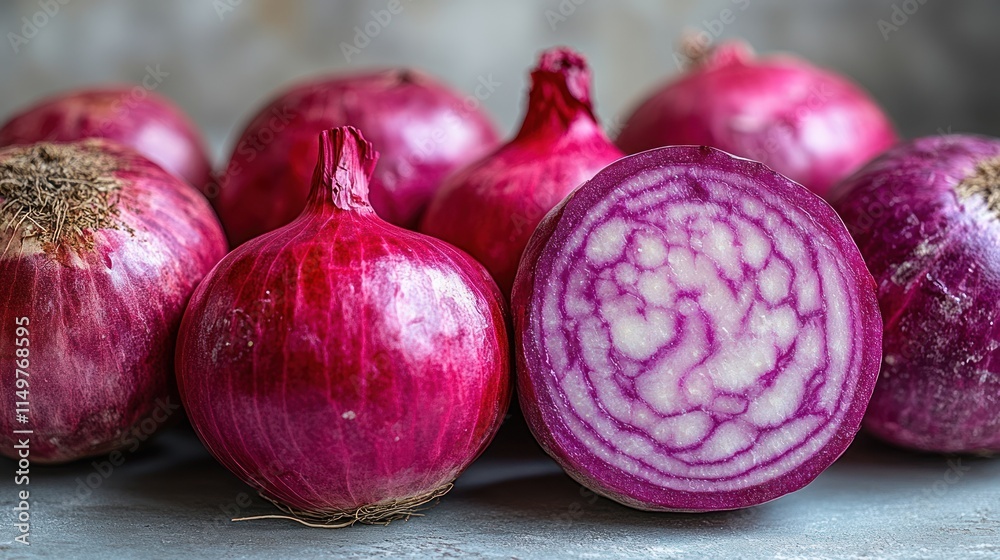 Close-up of several whole and one halved red onions. Close-up of several whole and one halved red onions.