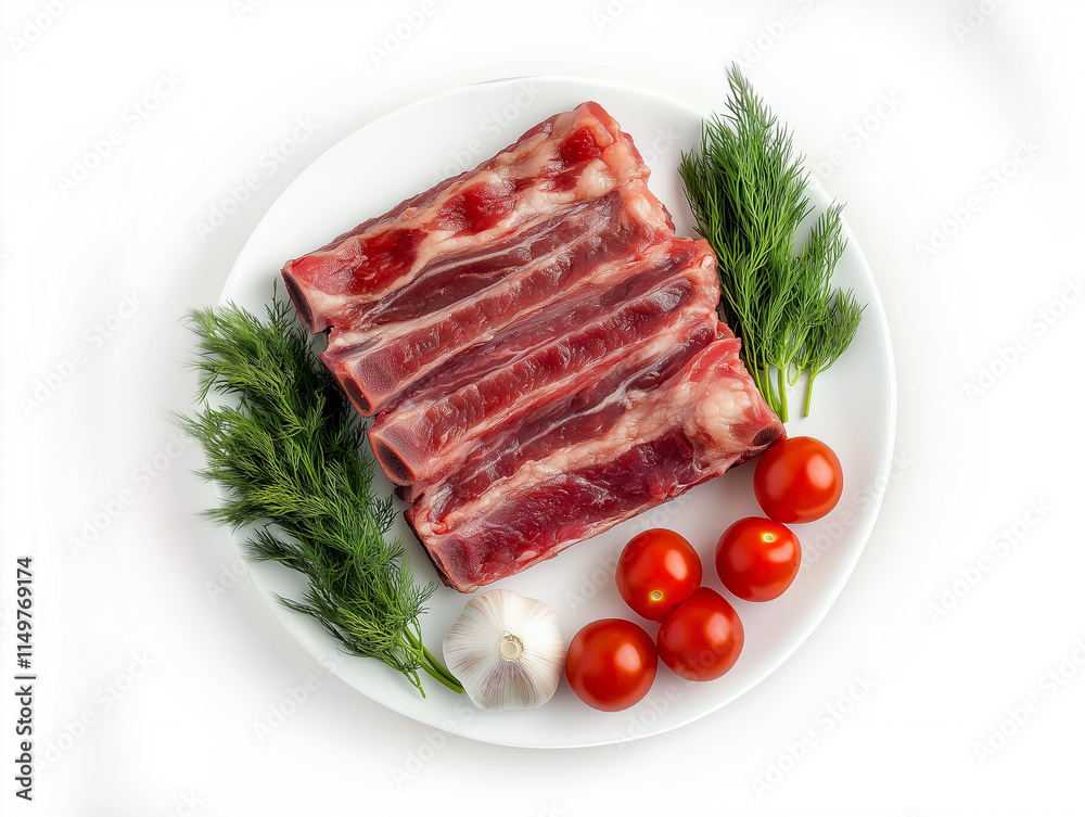 Fresh meat ribs with herbs and vegetables ready for cooking on a white plate Fresh meat ribs with herbs and vegetables ready for cooking on a white plate