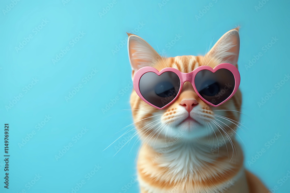 Fototapeta premium Adorable cat wearing heart-shaped sunglasses on a blue background. Perfect for Valentine's Day, love, romance, and cute animal-themed designs. Copy space. Love concept