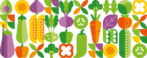 Abstract geometric seamless pattern with vegetables. Organic food. Set of simple icons in flat style. Elements isolated on white background. Vector illustration.