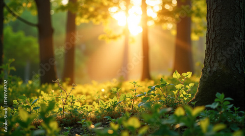 Beautiful sunlight filters through trees in a serene forest setting during early morning hours